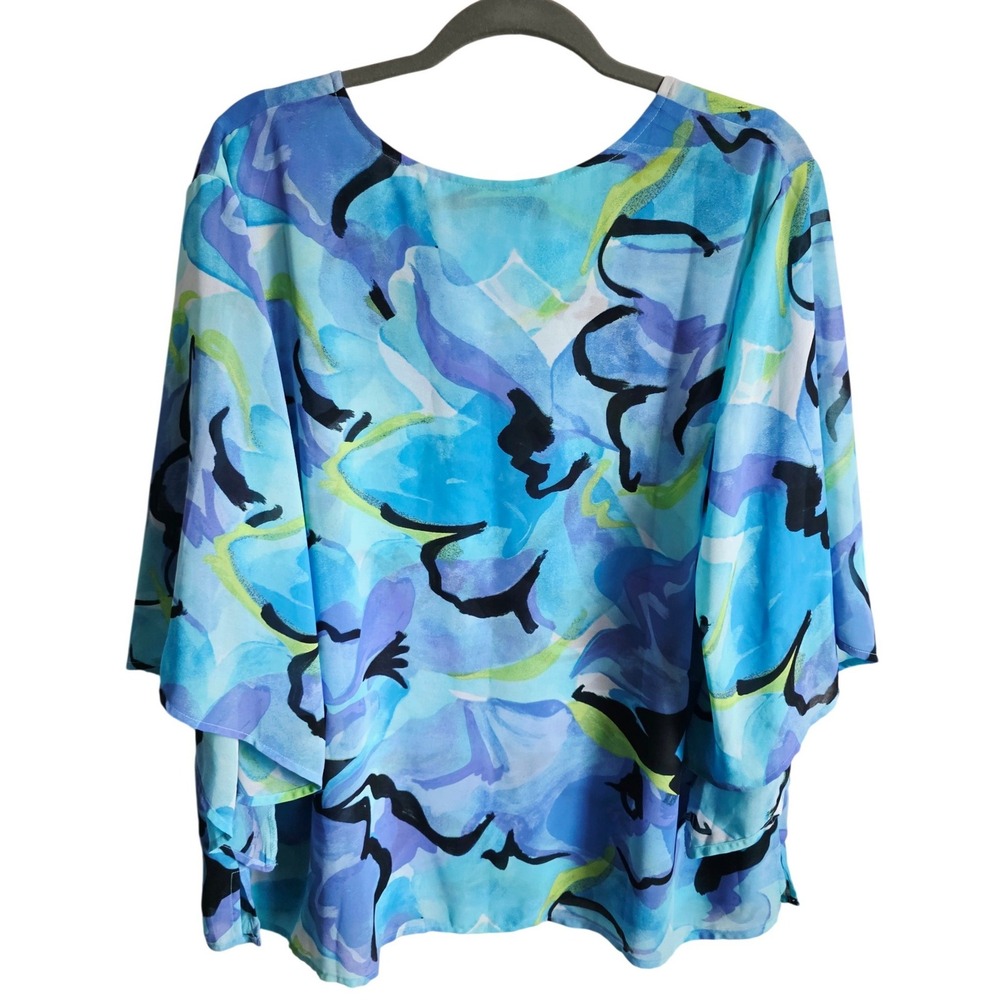 Belle Kim Gravel 1X Blue Watercolor Floral Chiffon V-Neck Dolman Sleeve Blouse - Picture 6 of 9